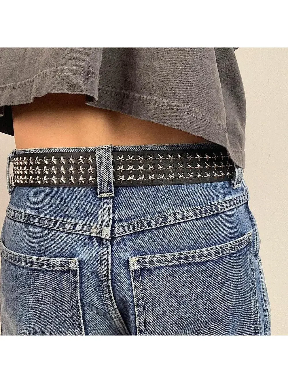 Y2K Black Silver Star Studded Belt